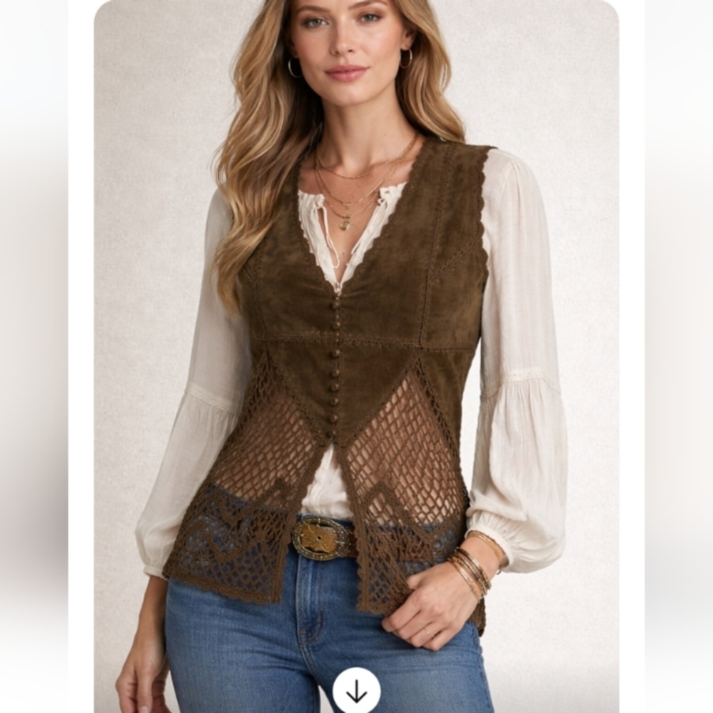 Vintage Olive Brown Suede & Crochet Vest Top Medium Boho 70s Style